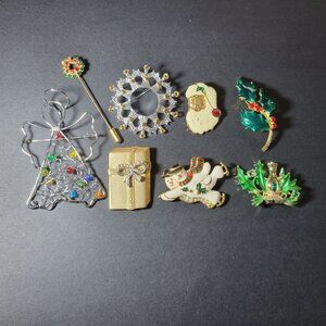 Vintage Christmas Brooch Pin Collection Set Of 8